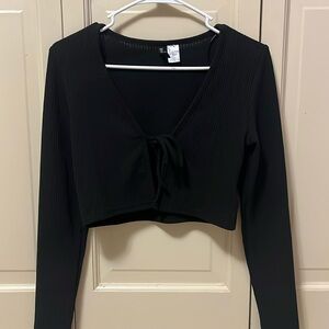 black cropped tie front cardigan
